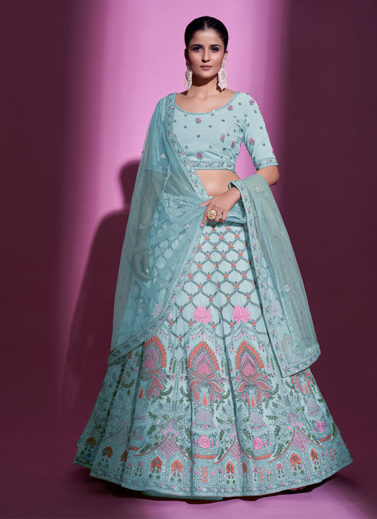 Breeze Blue Georgette Embroidered Designer Lehenga Choli