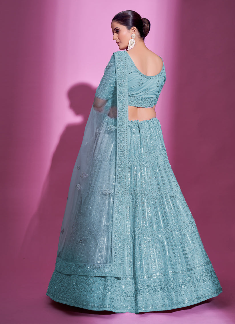 Breeze Blue Net Embroidered Designer Lehenga Choli