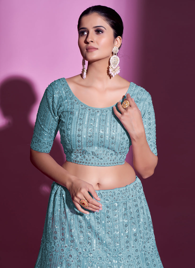 Breeze Blue Net Embroidered Designer Lehenga Choli