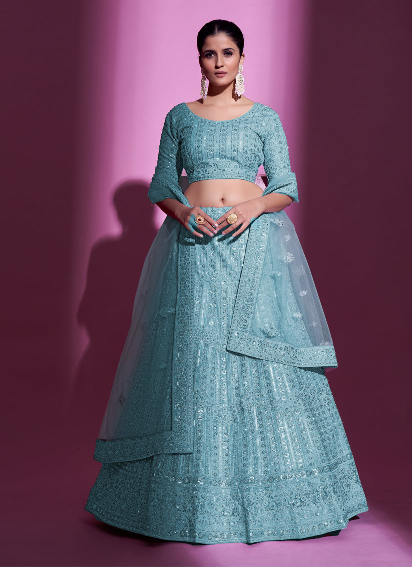Breeze Blue Net Embroidered Designer Lehenga Choli