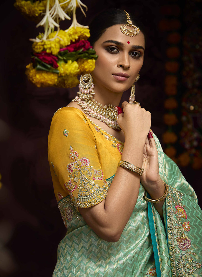 Aqua Mint Pure Banarasi Kanjivaram Saree for Wedding