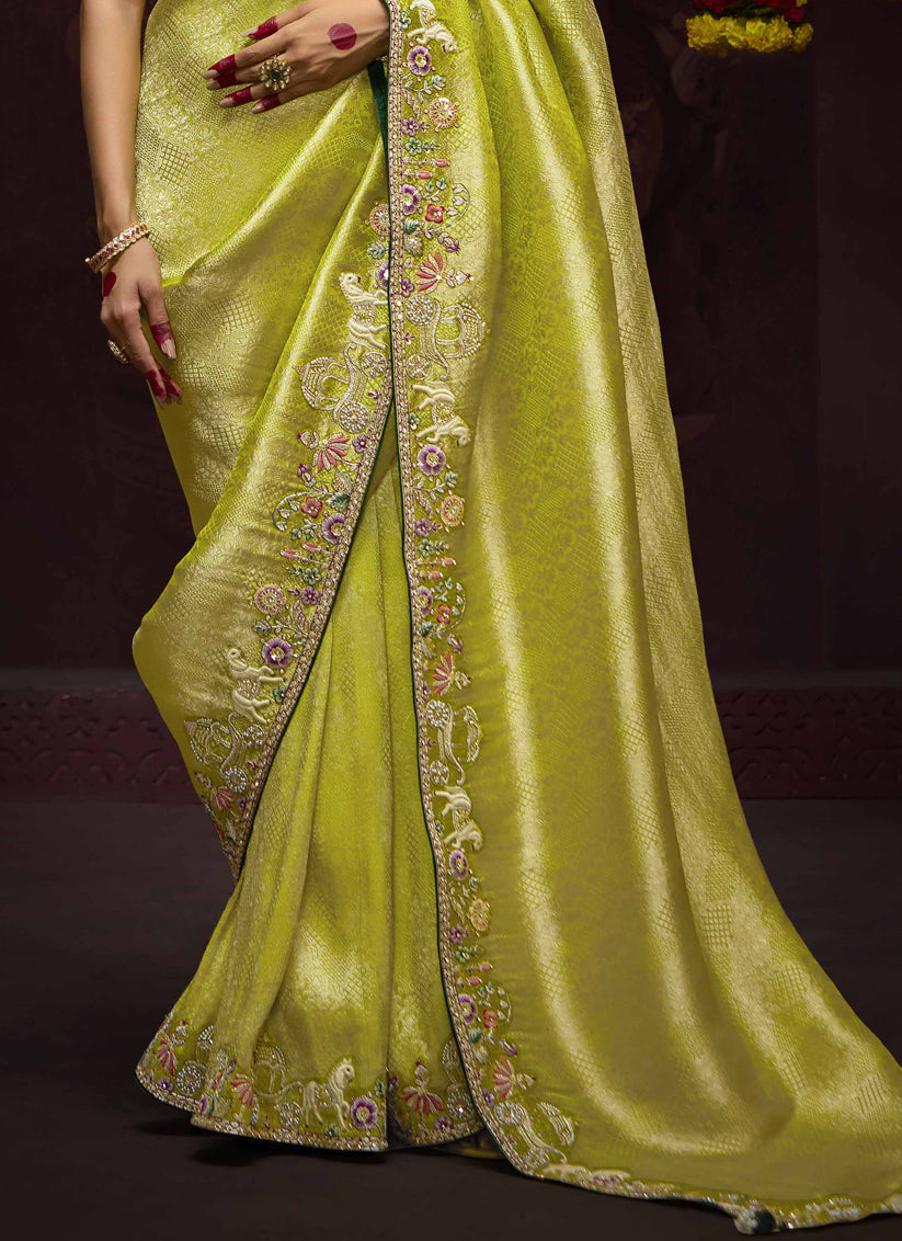Lime Yellow Pure Banarasi Kanjivaram Saree for Wedding