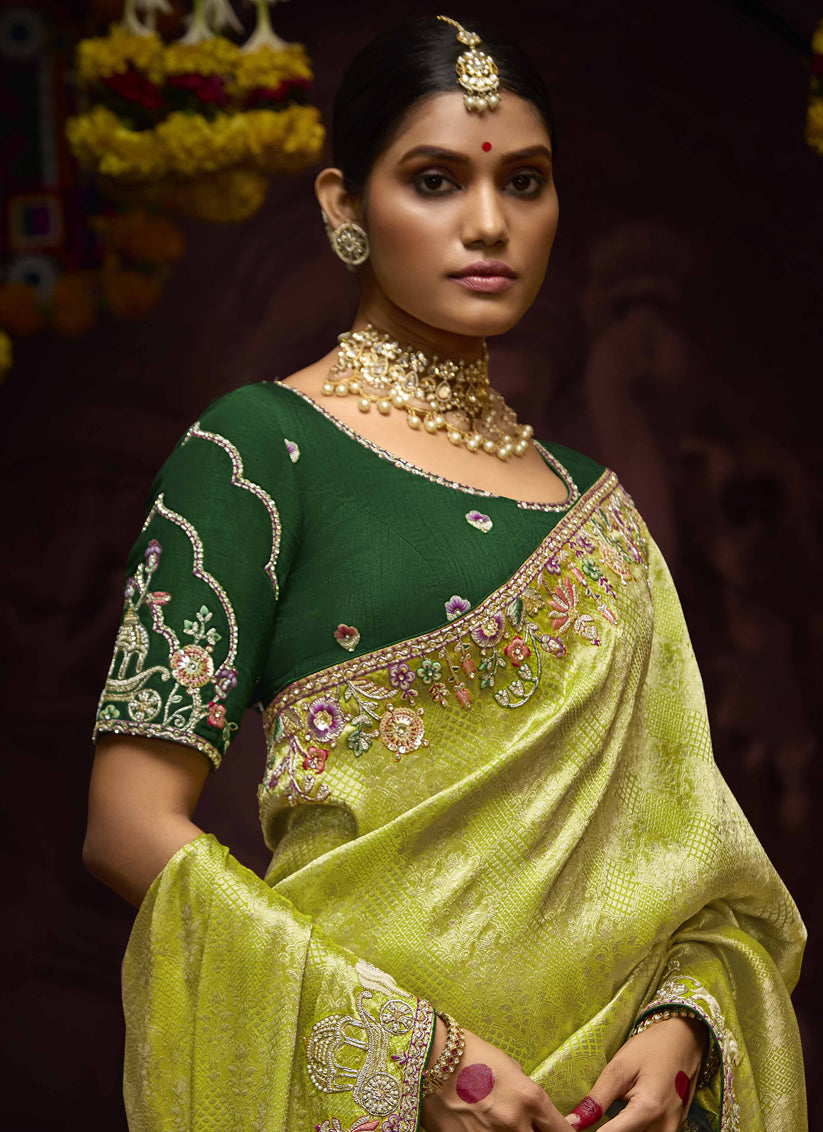 Lime Yellow Pure Banarasi Kanjivaram Saree for Wedding