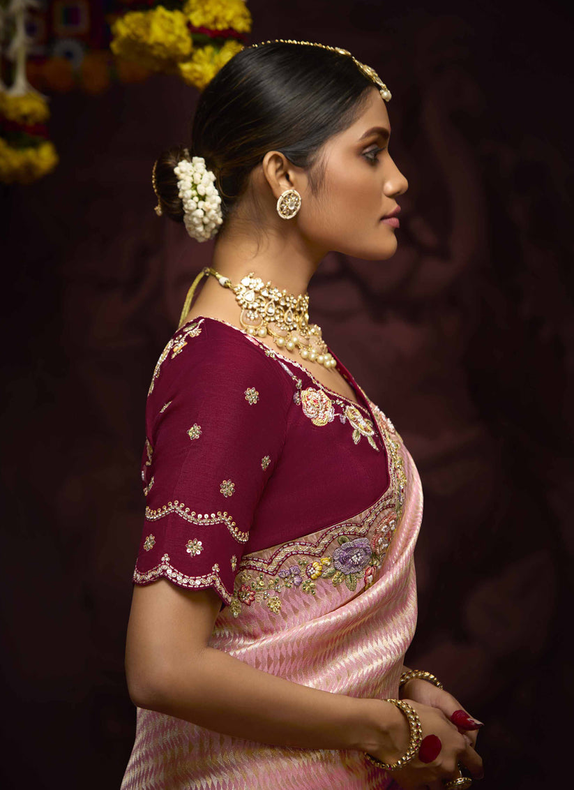 Coral Pink Pure Banarasi Kanjivaram Saree for Wedding