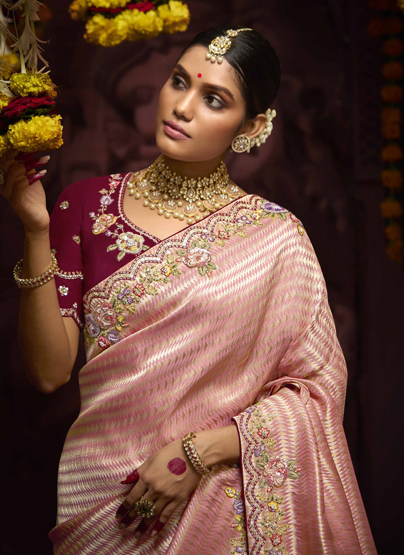 Coral Pink Pure Banarasi Kanjivaram Saree for Wedding