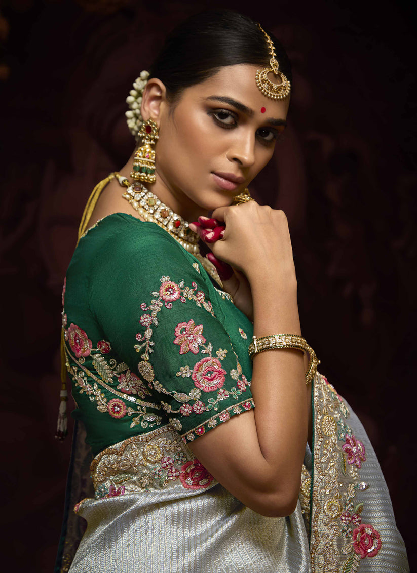 Silver Pure Banarasi Kanjivaram Saree for Wedding