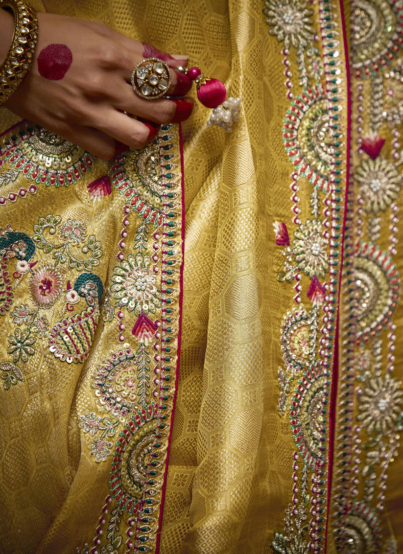 Pastel Yellow Pure Banarasi Kanjivaram Saree for Wedding