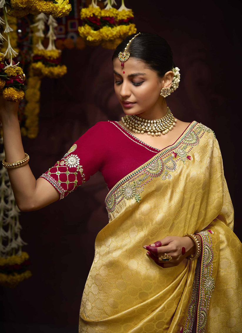 Pastel Yellow Pure Banarasi Kanjivaram Saree for Wedding