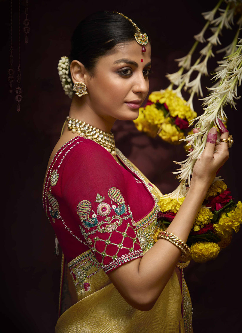 Pastel Yellow Pure Banarasi Kanjivaram Saree for Wedding