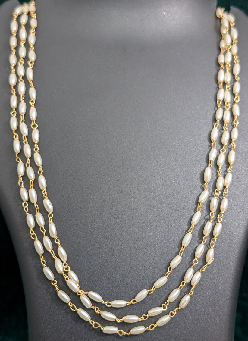 White Rice Pearl 3 String Necklace Set