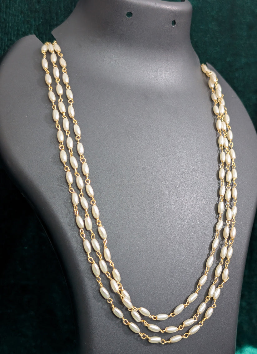 White Rice Pearl 3 String Necklace Set