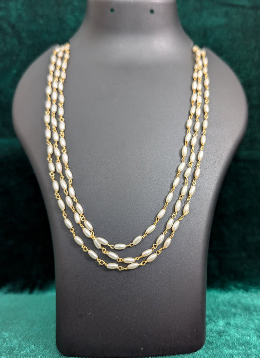 White Rice Pearl 3 String Necklace Set