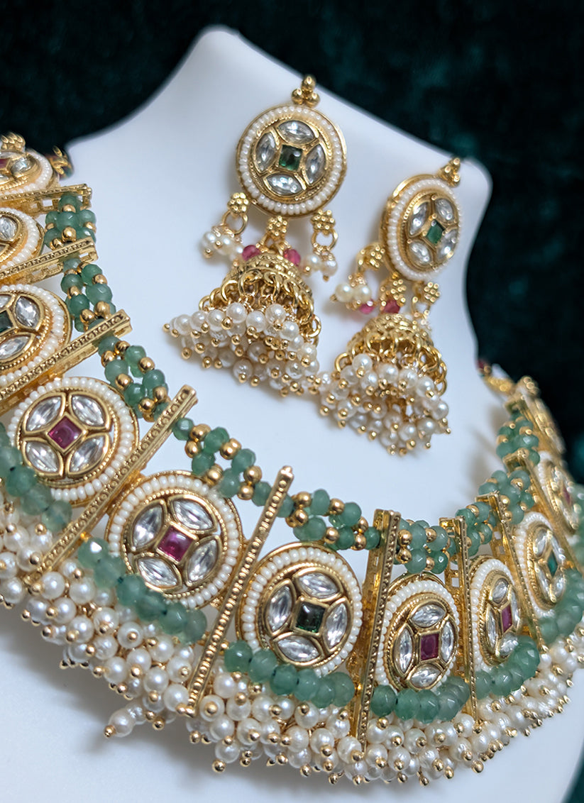 Premium Studded Pearl & Stone Choker Necklace Set