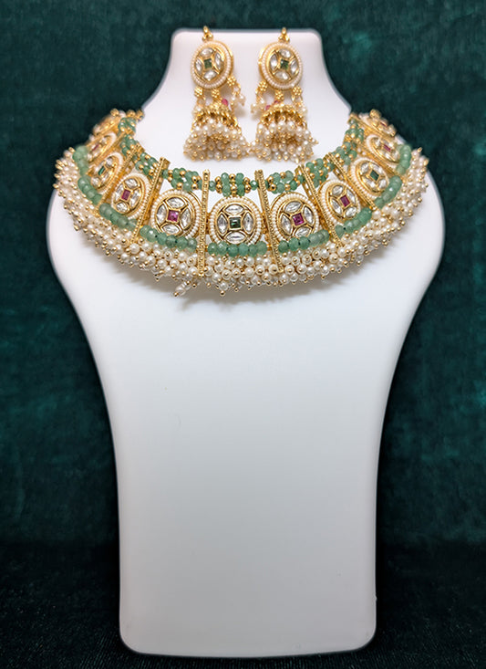Premium Studded Pearl & Stone Choker Necklace Set