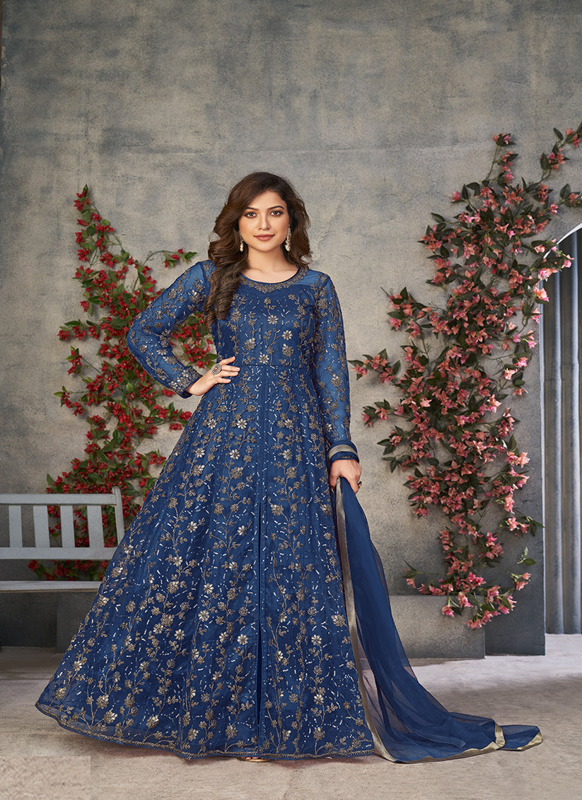 Peacock Blue Embroidered Net Pant Kameez for Ceremonial