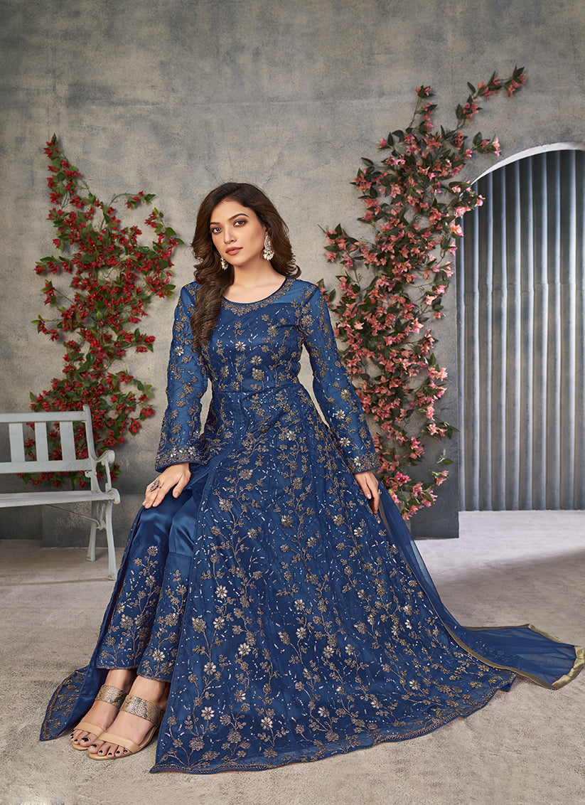 Peacock Blue Embroidered Net Pant Kameez for Ceremonial
