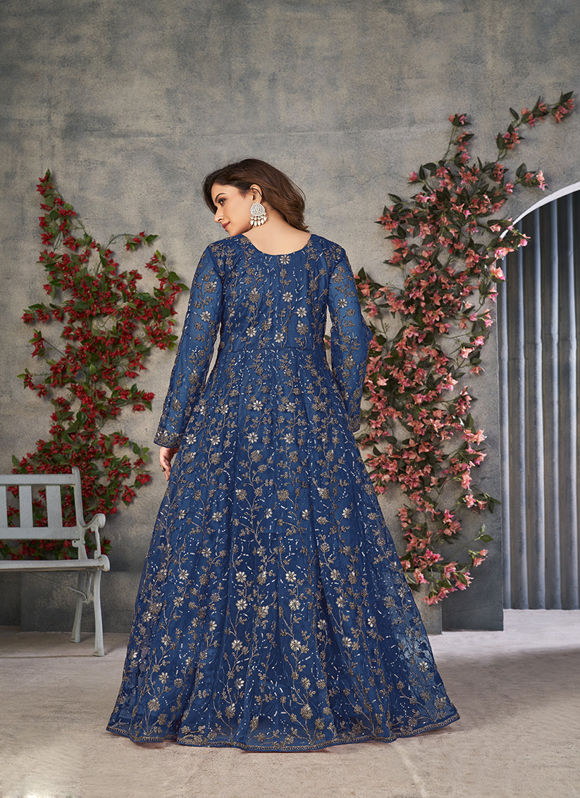 Peacock Blue Embroidered Net Pant Kameez for Ceremonial