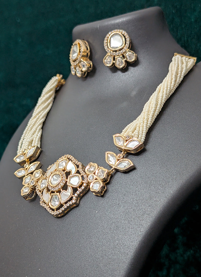 Elegant White Pearl & Stone Choker Necklace Set