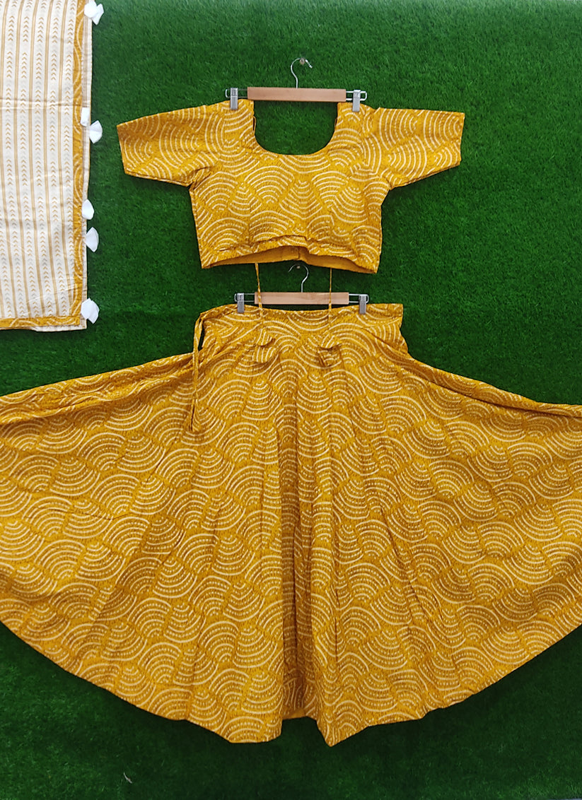 Mustard Yellow Cotton Printed Chaniya Choli