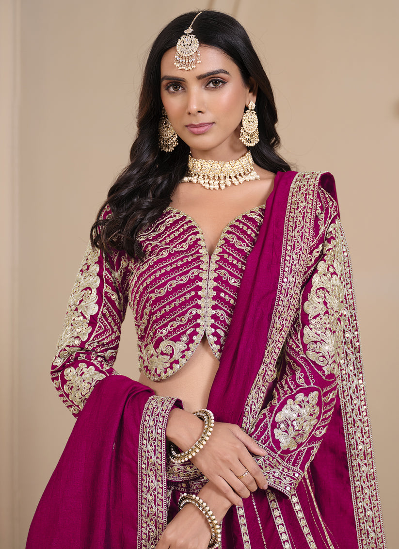 Raspberry Pink Shimmer Art Silk Embroidered Lehenga Choli