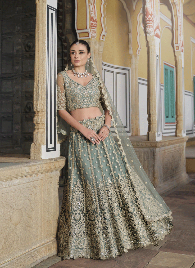 Sage Green Net & Embroidered Lehenga Choli