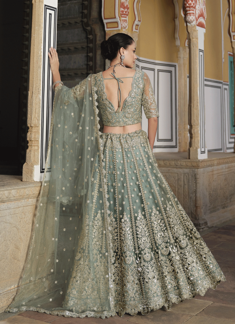 Sage Green Net & Embroidered Lehenga Choli