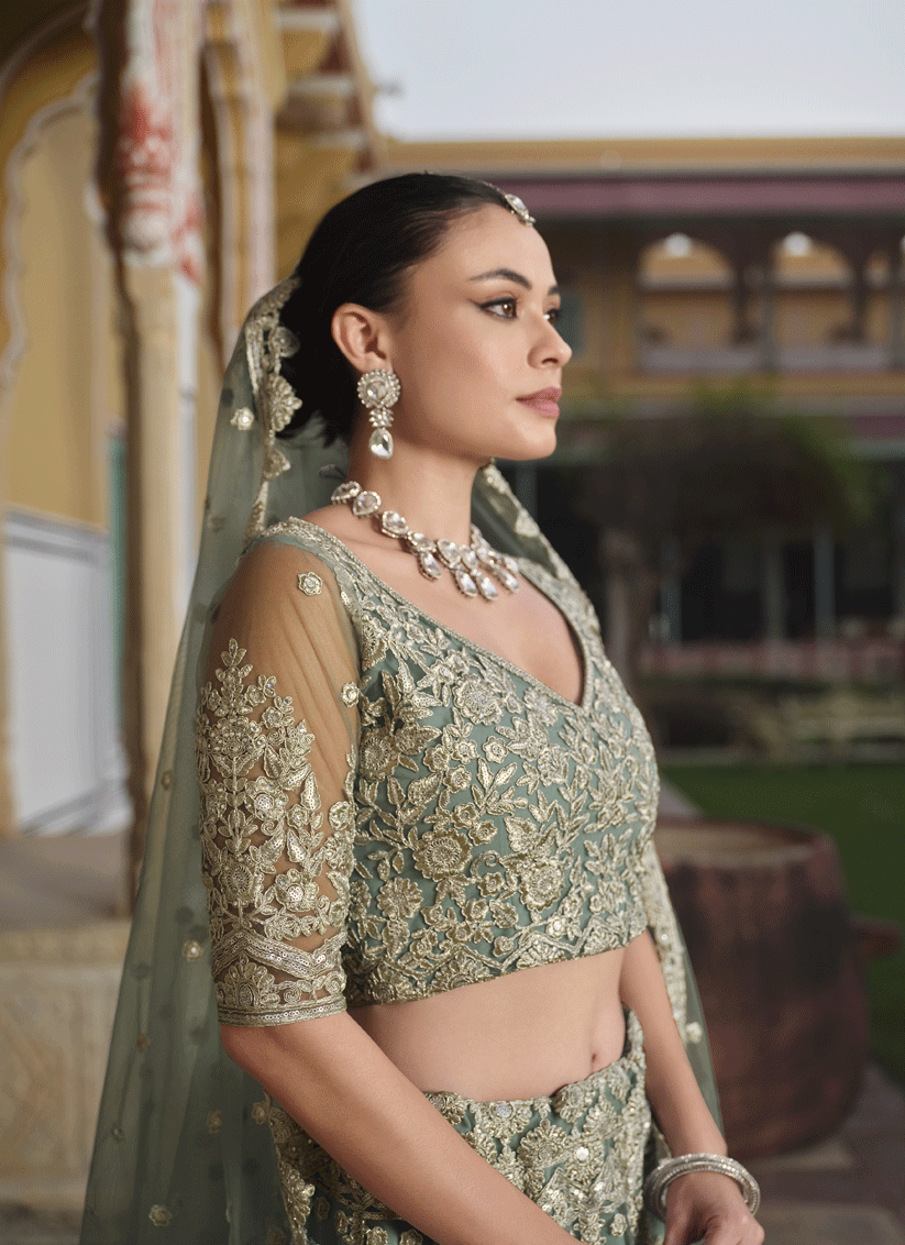 Sage Green Net & Embroidered Lehenga Choli