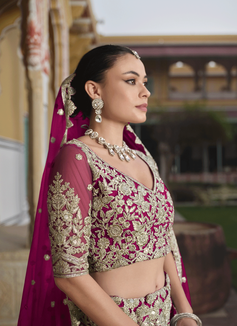 Raspberry Pink Net & Embroidered Lehenga Choli