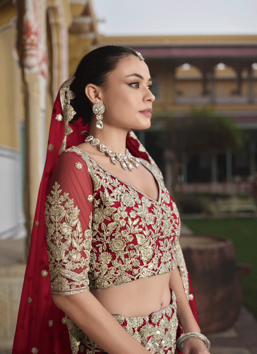 Cherry Red Net & Embroidered Lehenga Choli
