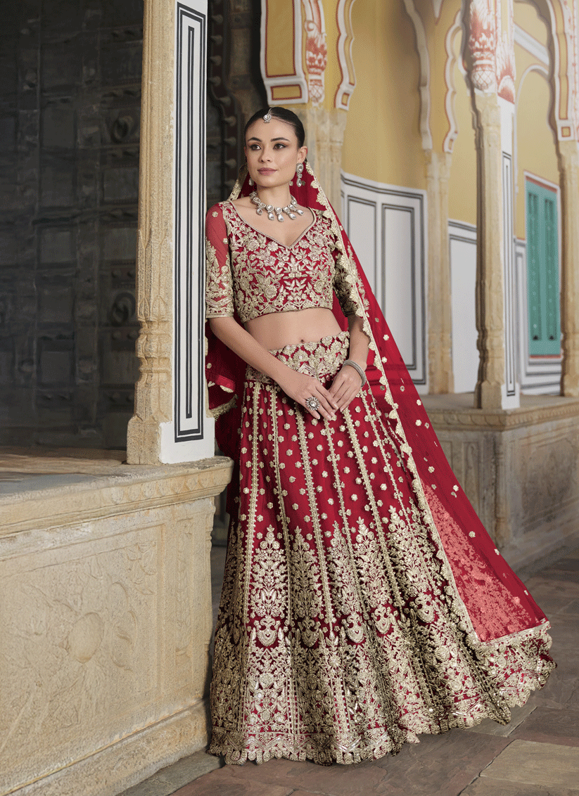 Cherry Red Net & Embroidered Lehenga Choli