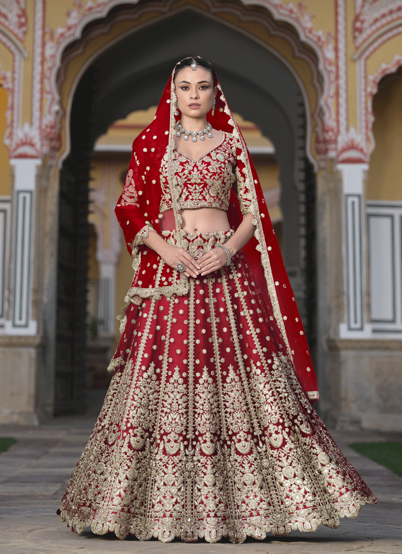 Cherry Red Net & Embroidered Lehenga Choli