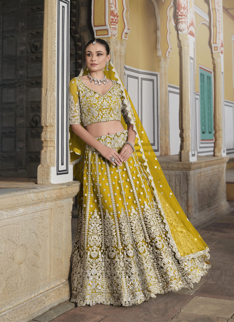 Lemon Yellow Net & Embroidered Lehenga Choli