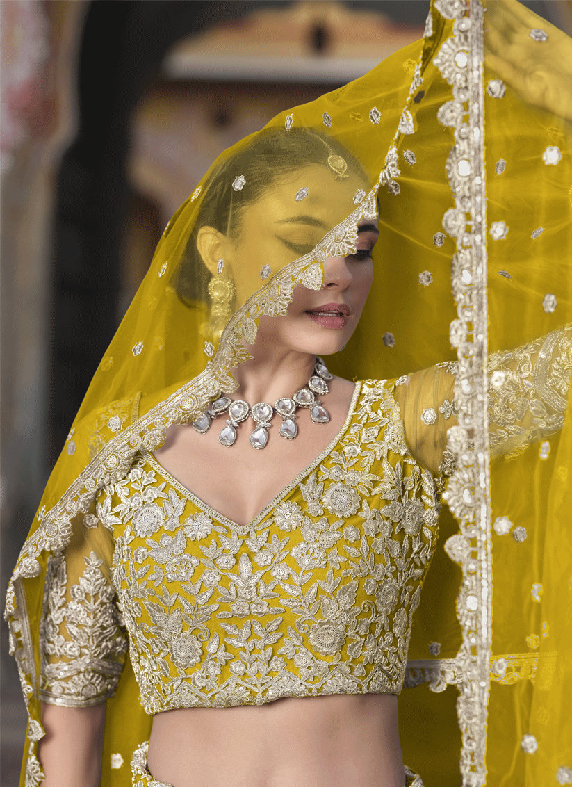 Lemon Yellow Net & Embroidered Lehenga Choli