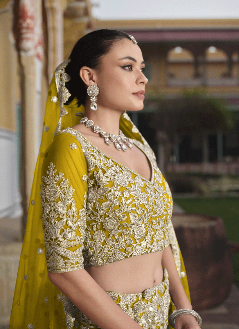 Lemon Yellow Net & Embroidered Lehenga Choli