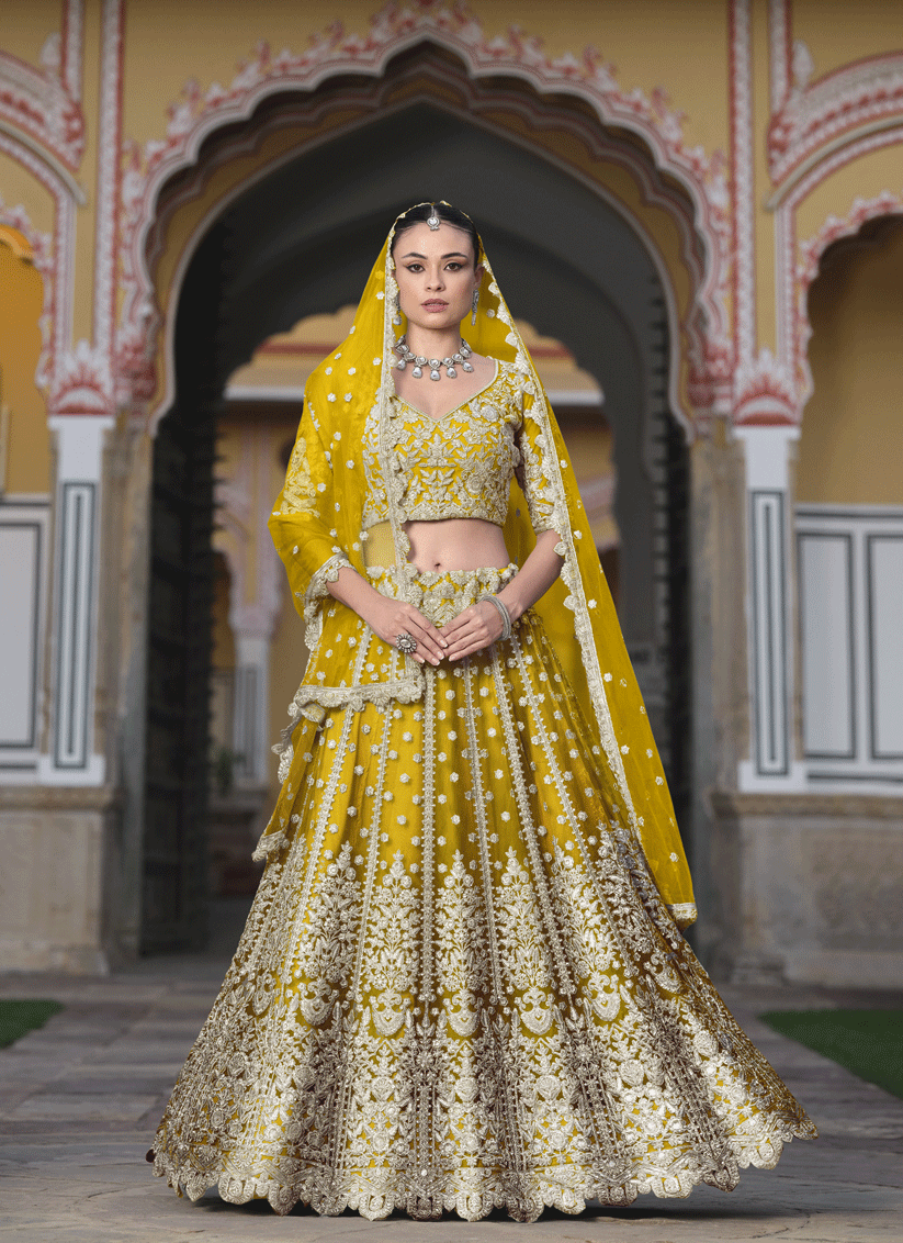 Lemon Yellow Net & Embroidered Lehenga Choli