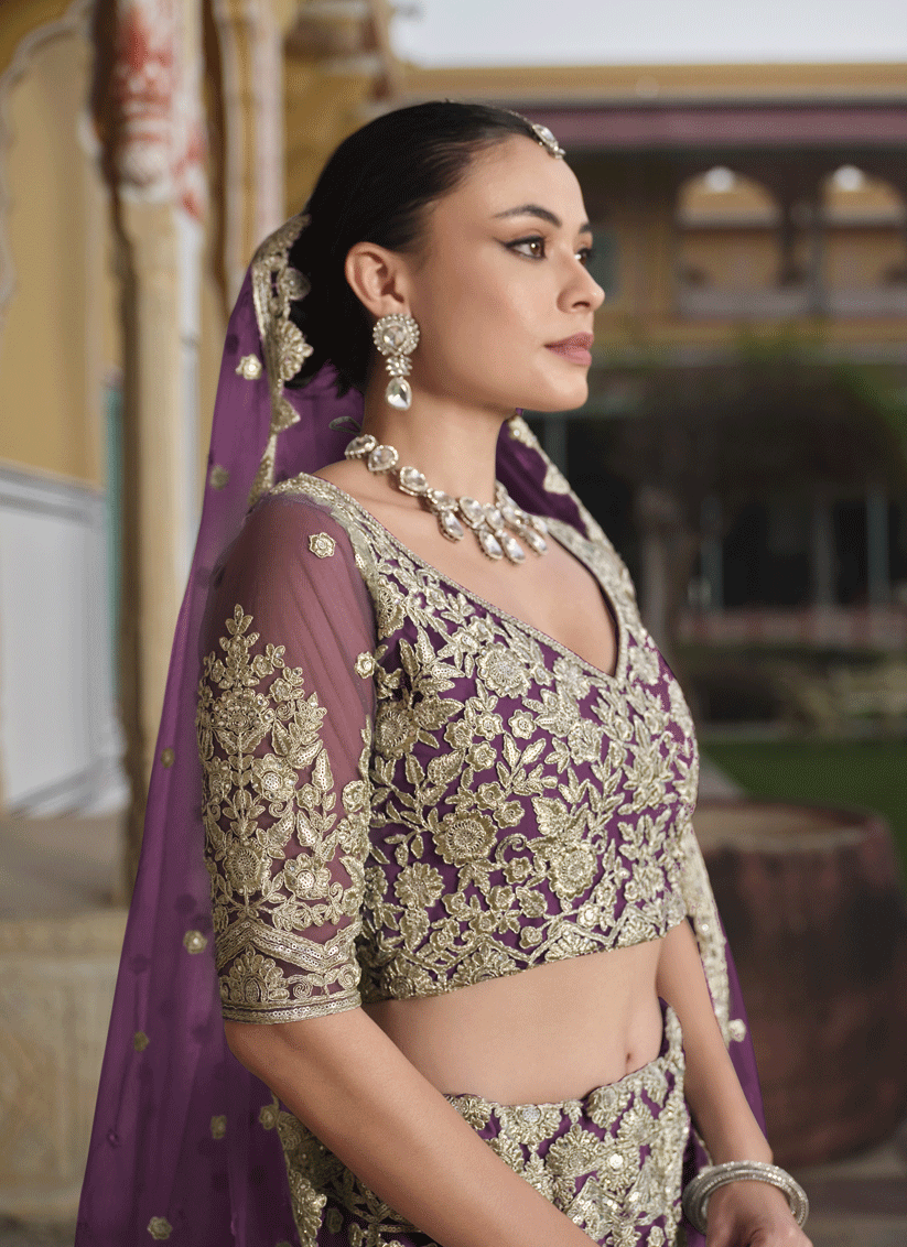 Burgundy Net & Embroidered Lehenga Choli