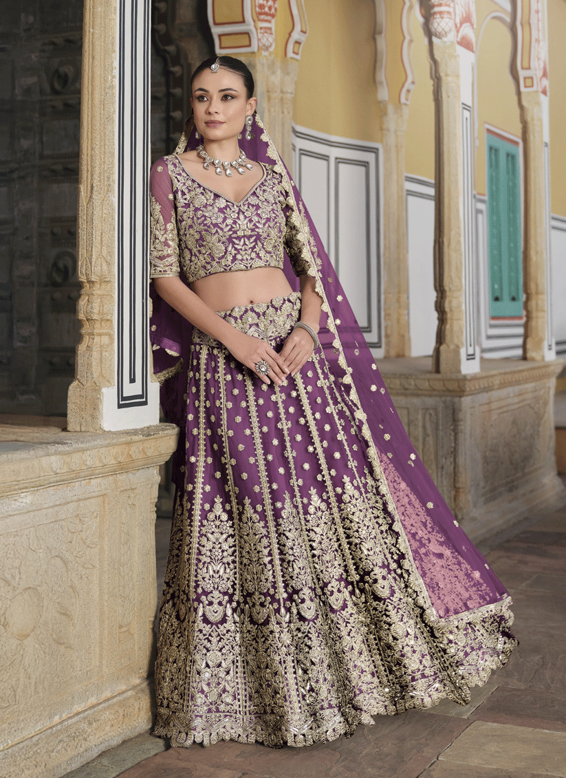 Burgundy Net & Embroidered Lehenga Choli