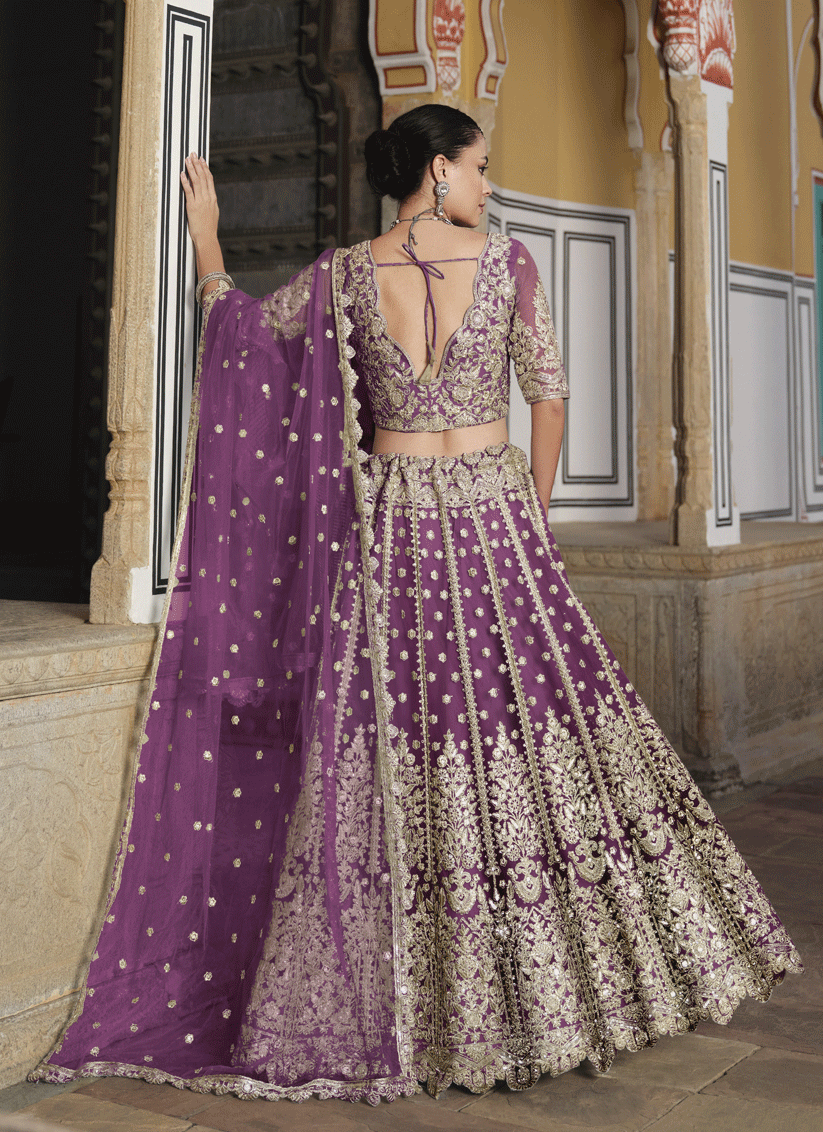 Burgundy Net & Embroidered Lehenga Choli