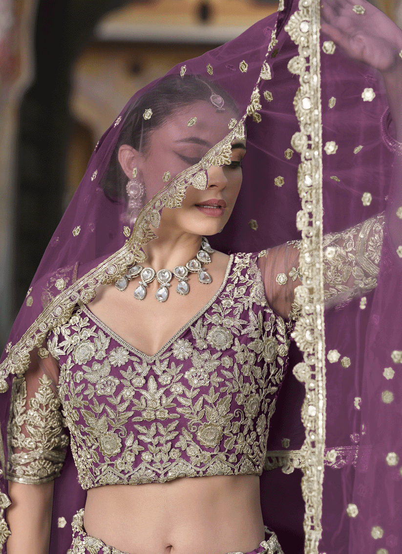 Burgundy Net & Embroidered Lehenga Choli