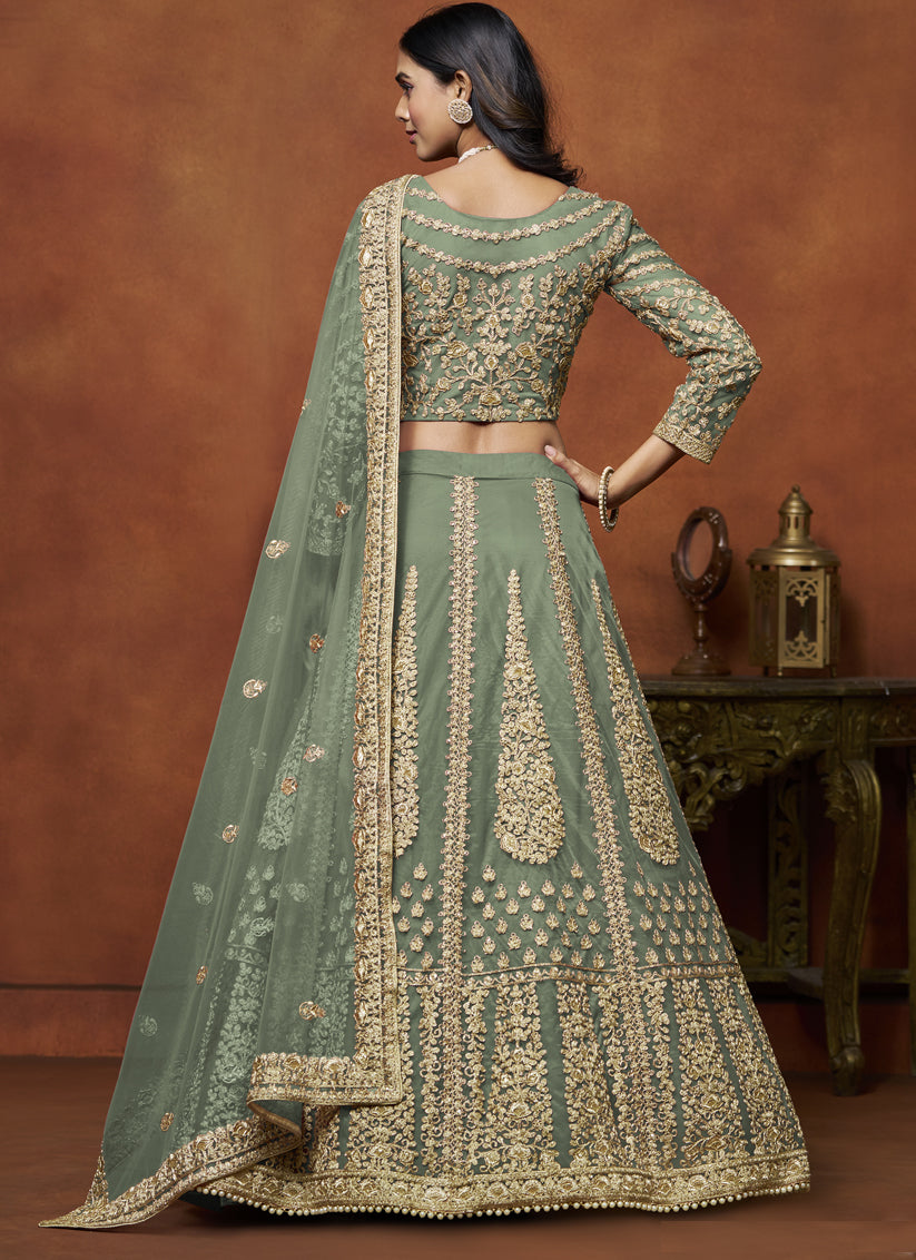 Sage Green Net & Embroidered Lehenga Choli for Wedding