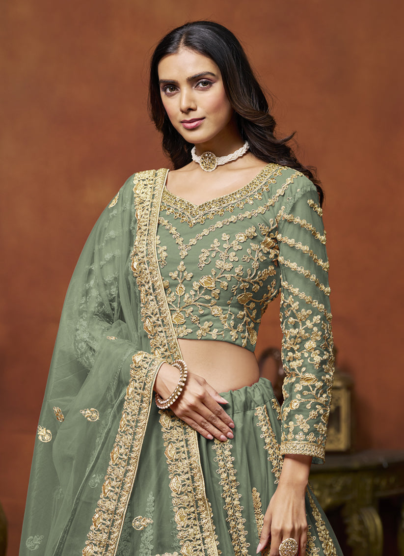 Sage Green Net & Embroidered Lehenga Choli for Wedding