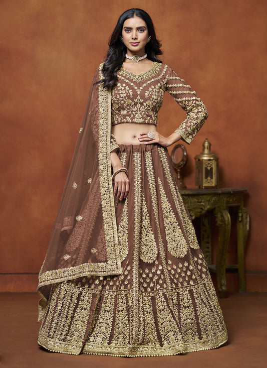 Snuff Brown Net & Embroidered Lehenga Choli for Wedding