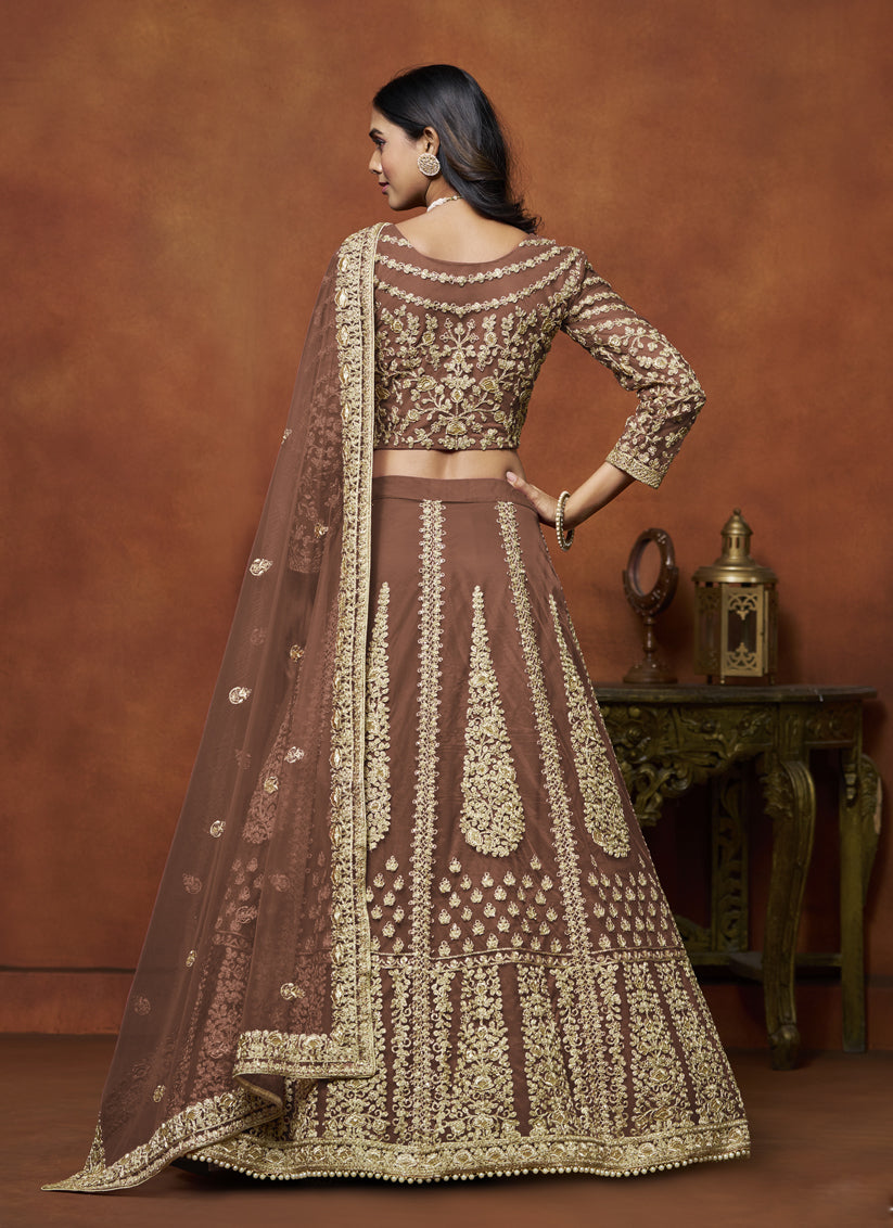 Snuff Brown Net & Embroidered Lehenga Choli for Wedding