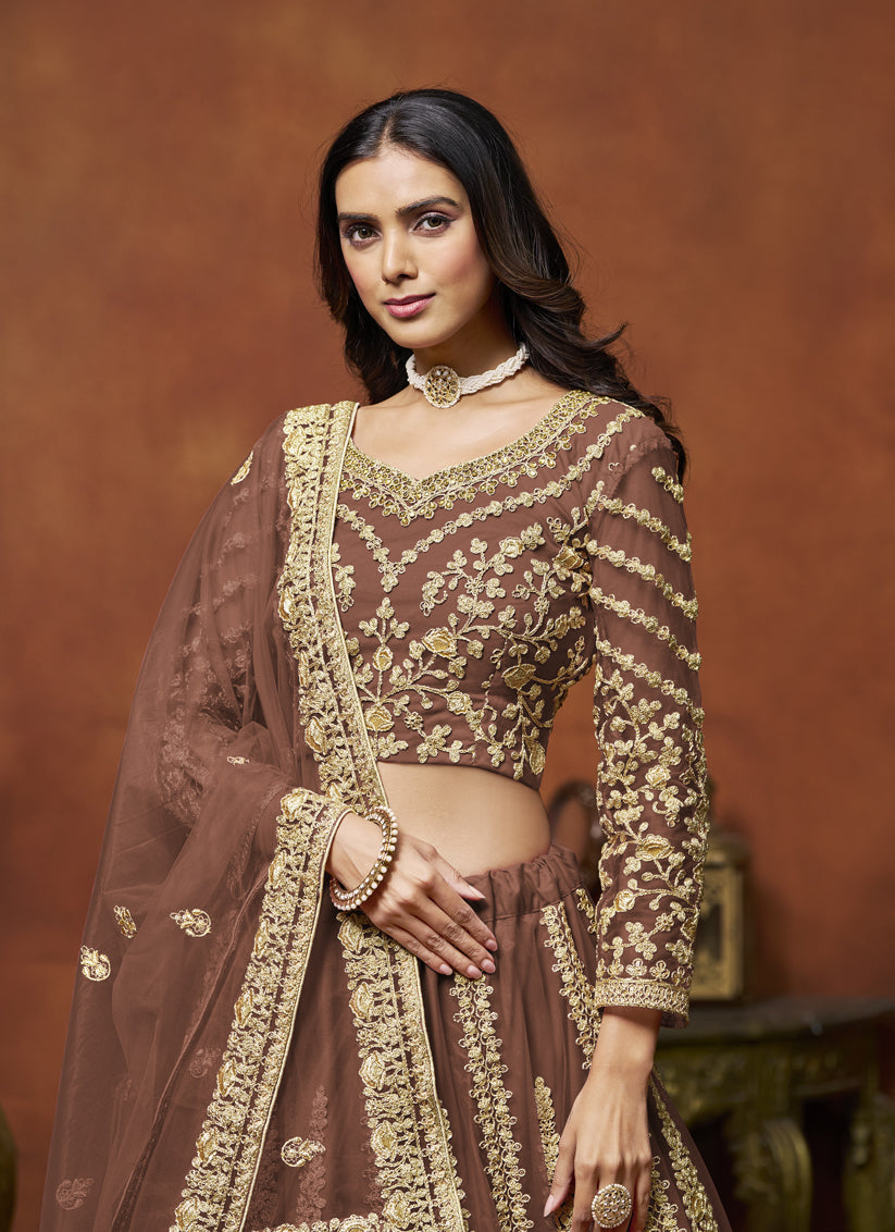 Snuff Brown Net & Embroidered Lehenga Choli for Wedding