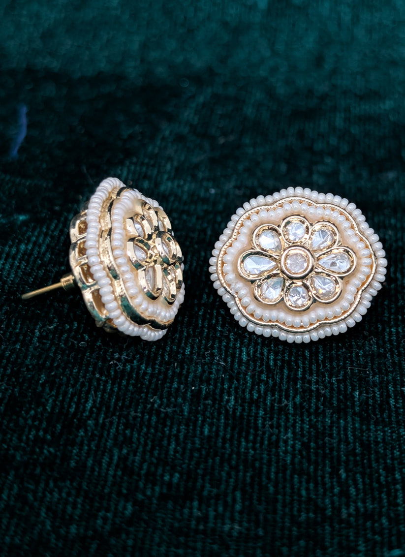Fine White Pearl Gold Plated Kundan Stud Earrings