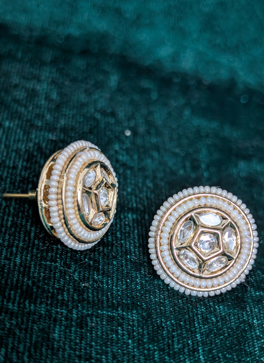 Gold Plated Fine White Pearl Kundan Stud Earrings