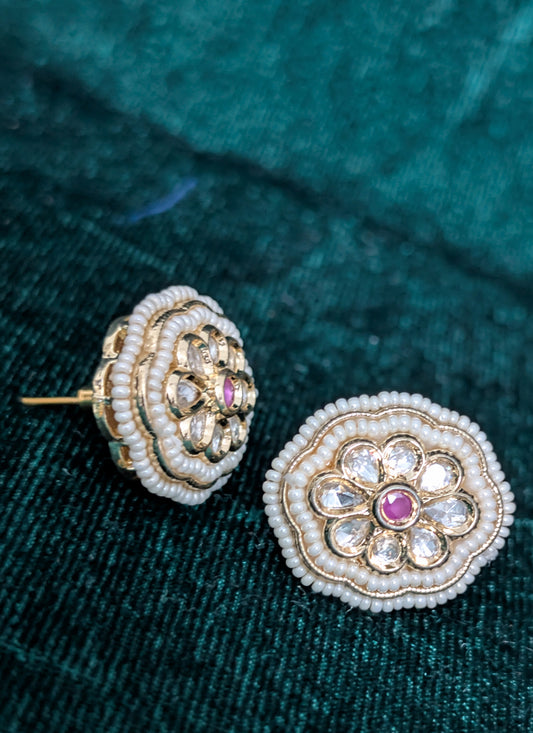 Rose Pink Pearl Gold Plated Kundan Stud Earrings