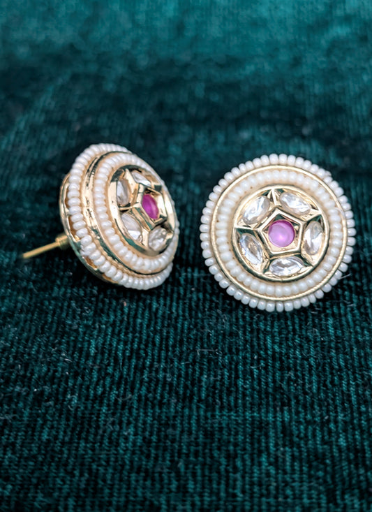 Gold Plated Rose Pink Pearl Kundan Stud Earrings