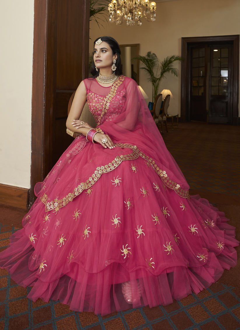 Cherry Pink Net Designer Lehenga Choli