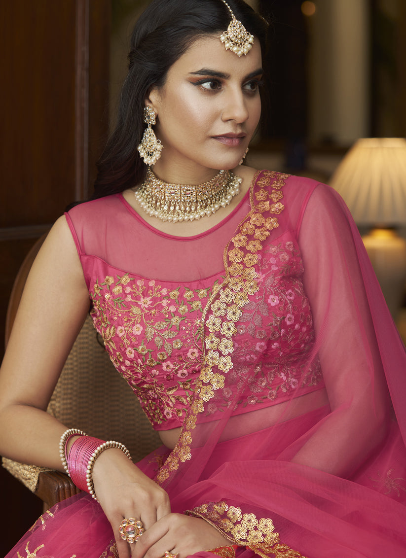 Cherry Pink Net Designer Lehenga Choli